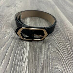 Vince Camuto Black Faux Leather Belt Gold Geometric Buckle Size L